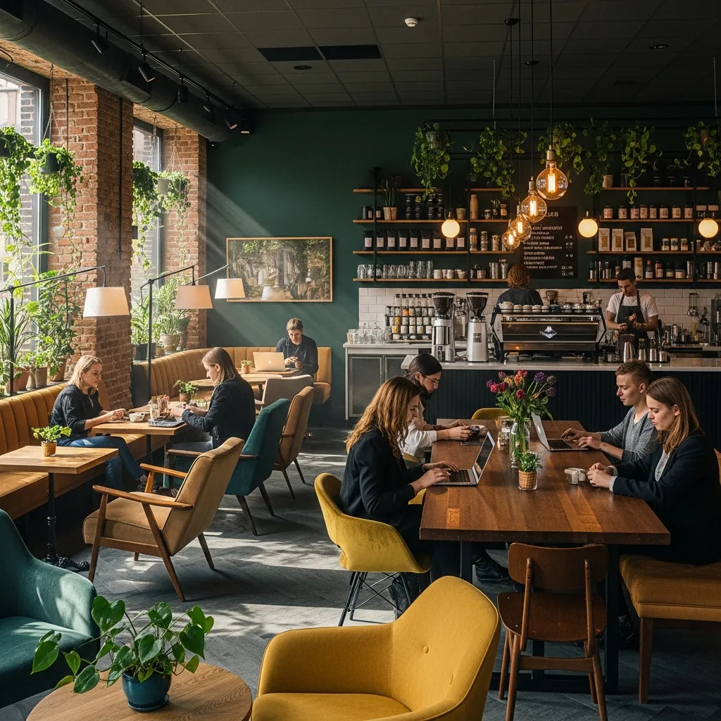 Trendy cafe with warm inviting atmosphere